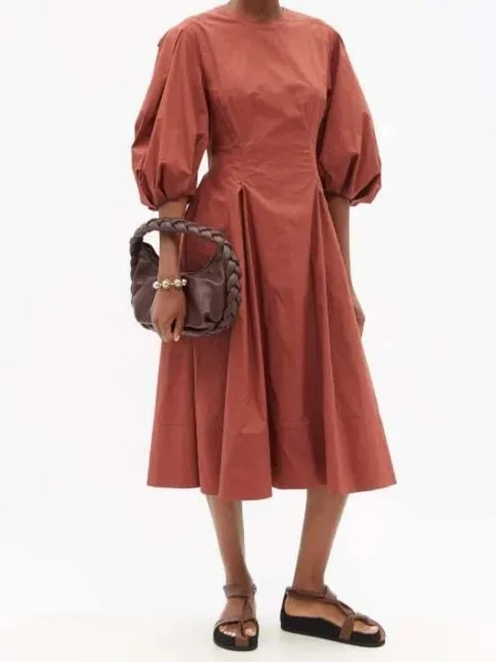 Another Tomorrow Organic Cotton Poplin Puff Sleeve Midi Dress Made in Italy 36 - Picture 5 of 10